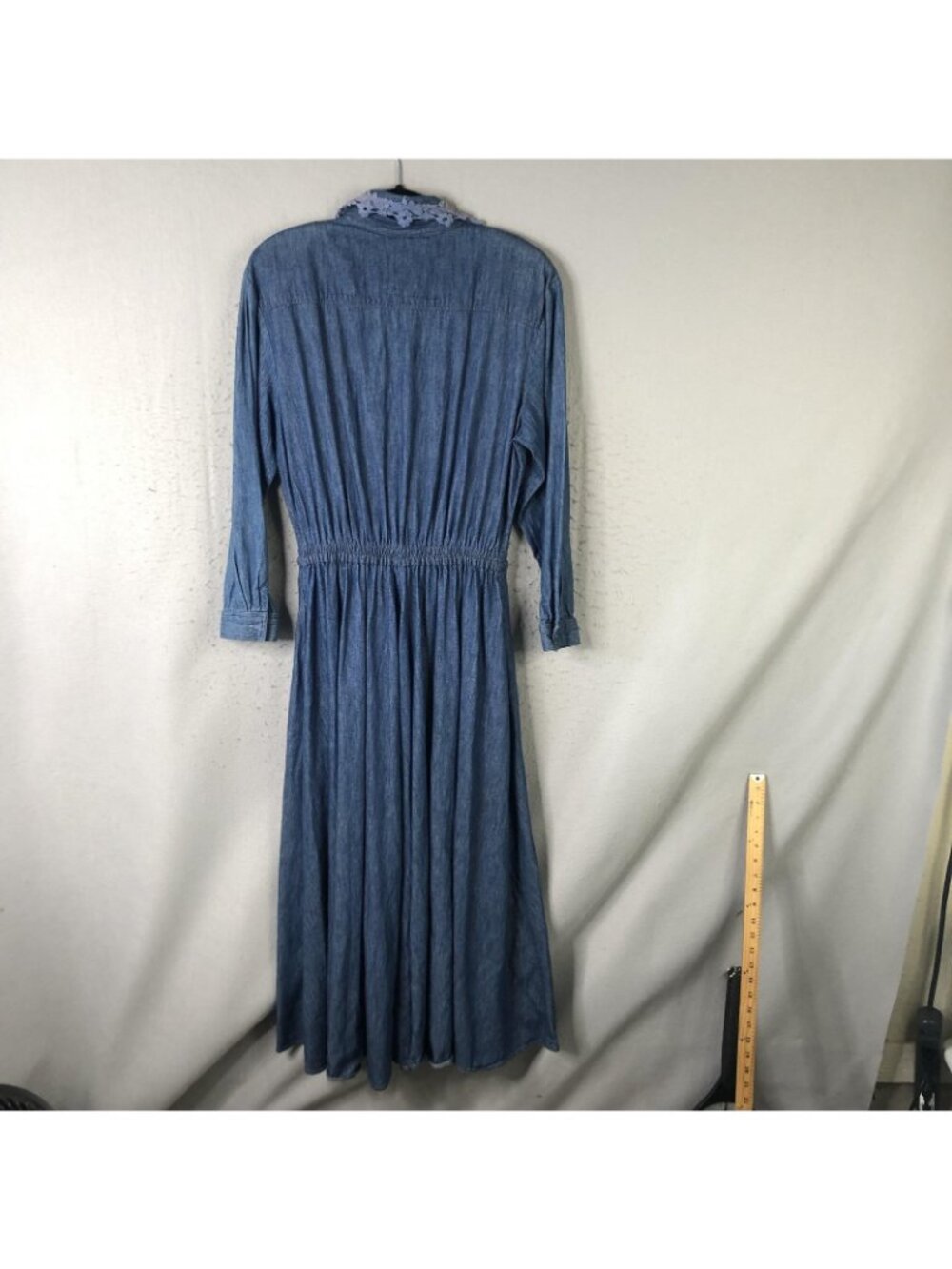 Western Denim Dress Womens L Blue Maxi Crochet Collar Boho Farmhouse Modest - Picture 2 of 16